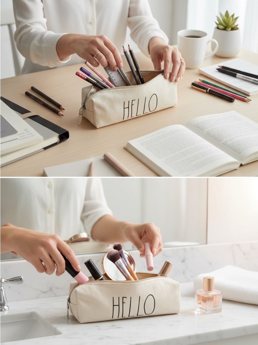 Rae Dunn "HELLO" Canvas Zipper Cosmetic Pouch / Pencil Case